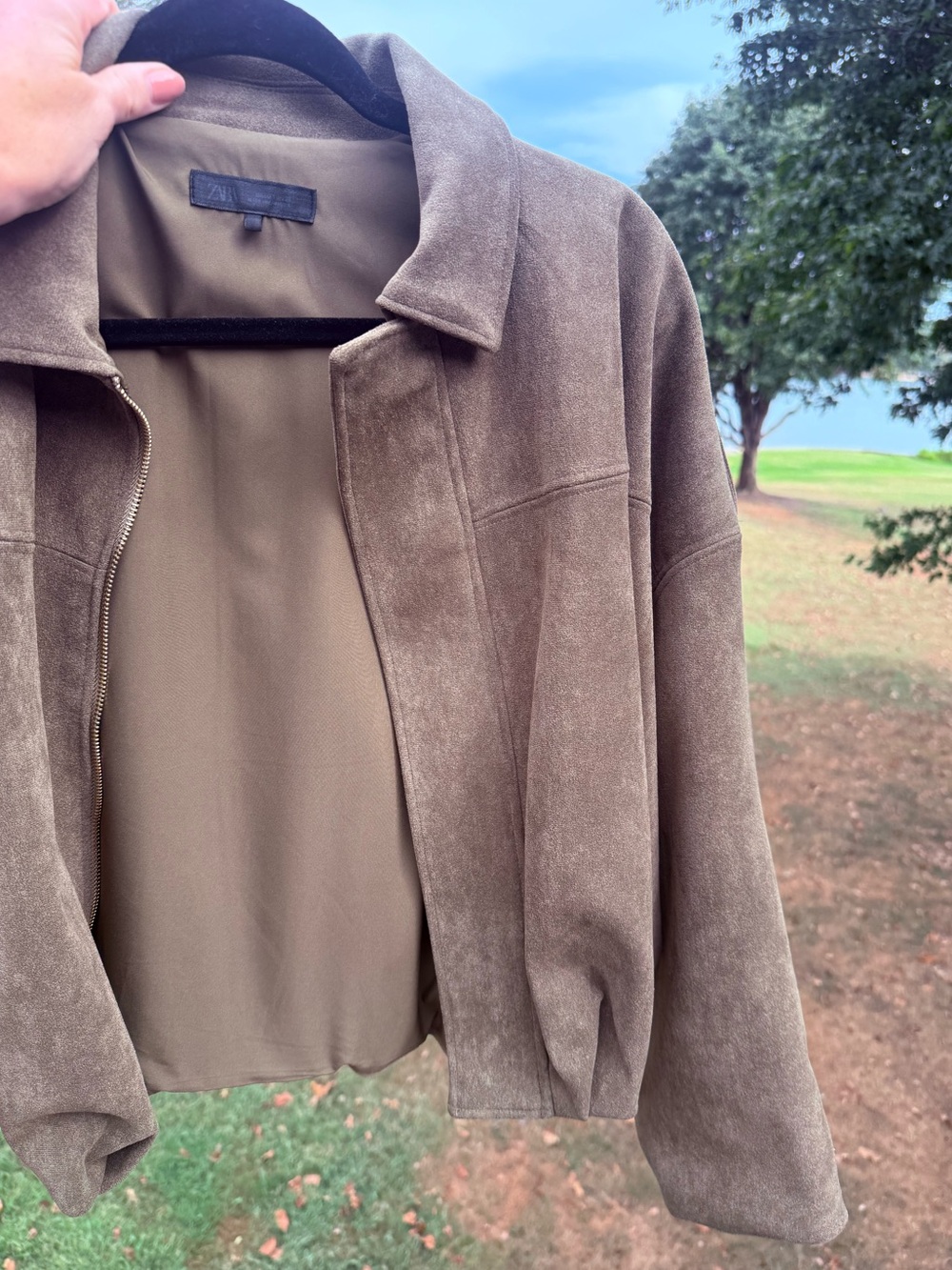 Zara Suede Bomber Jacket in Army Green